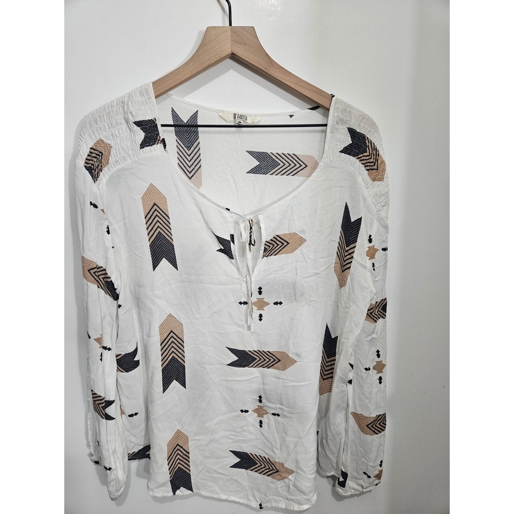 BB Dakota Arrow Print Split Neck Tie Blouse White Long Sleeve Rayon Top M